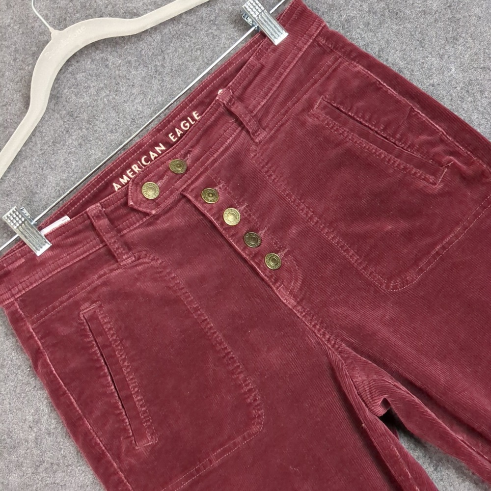 American Eagle Women Burgundy High Rise Button Fly Corduroy Skinny Pants Size 10